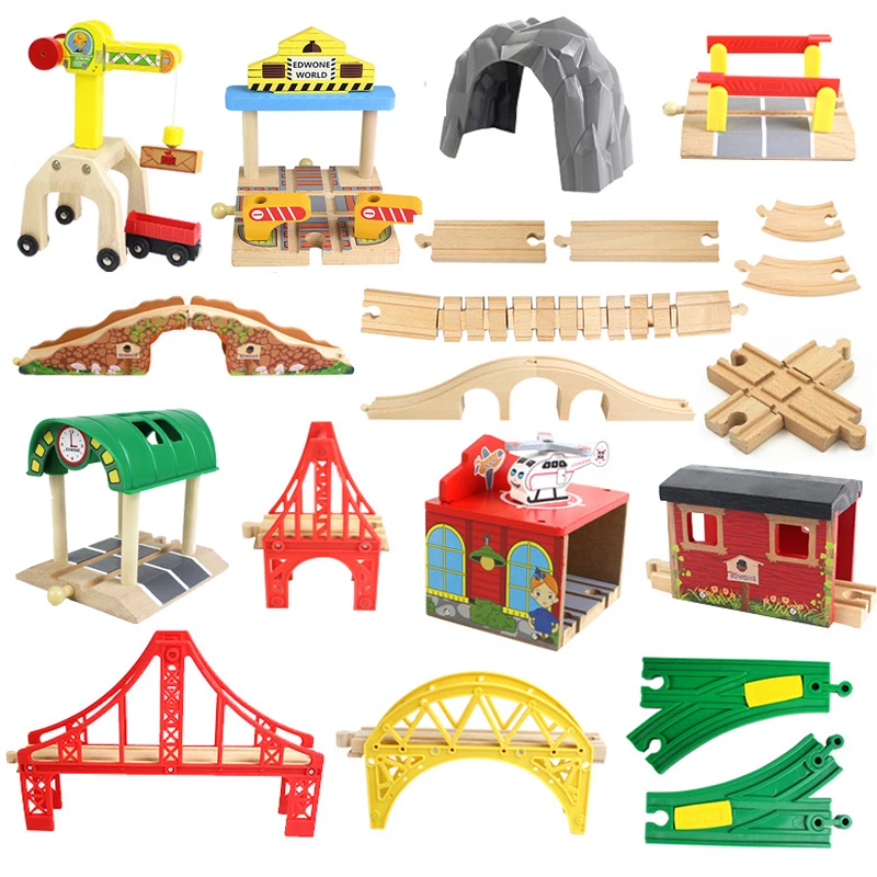 Color: DEEP BLUE - Wooden Bridge Tunnel Urban Rail Overpass Traffic Car Toy Scene Combined Train Rail Track Wooden Accessories Beech Turntable DIY