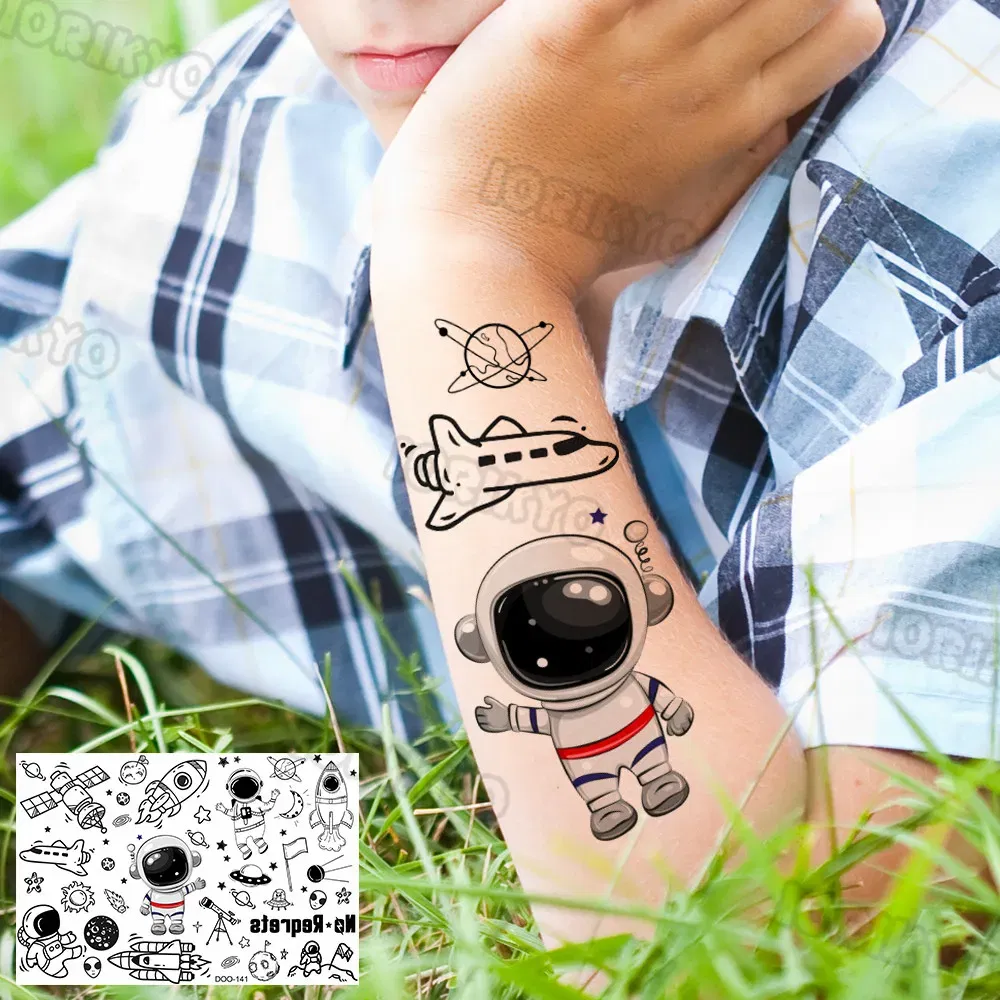 Color: WHITE - Airplane Spaceman Temporary Tattoos For Kids Face Neck Boy Girls Adult Fake Planets Astronaut Tattoo Sticker Black Cartoon Tatoo