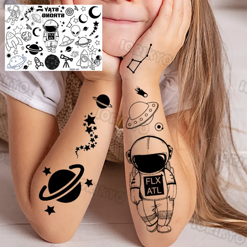 Color: WHITE - Airplane Spaceman Temporary Tattoos For Kids Face Neck Boy Girls Adult Fake Planets Astronaut Tattoo Sticker Black Cartoon Tatoo