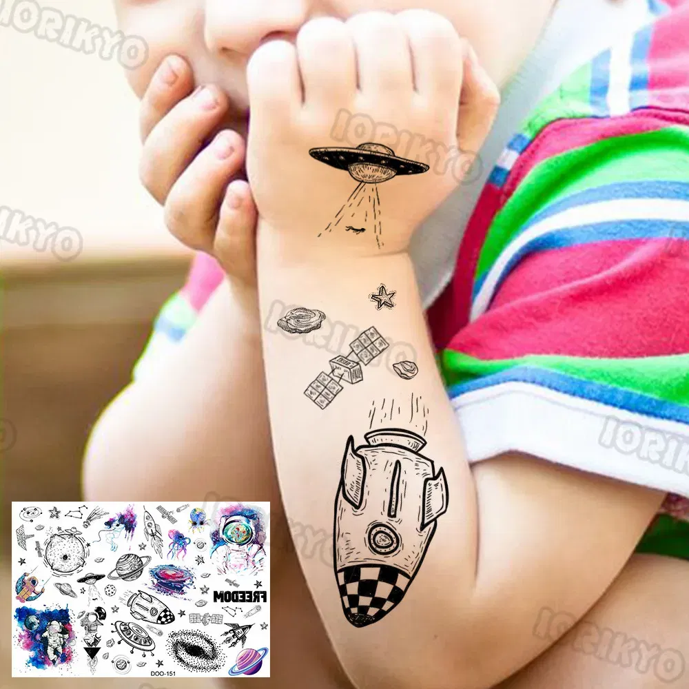 Color: WHITE - Airplane Spaceman Temporary Tattoos For Kids Face Neck Boy Girls Adult Fake Planets Astronaut Tattoo Sticker Black Cartoon Tatoo