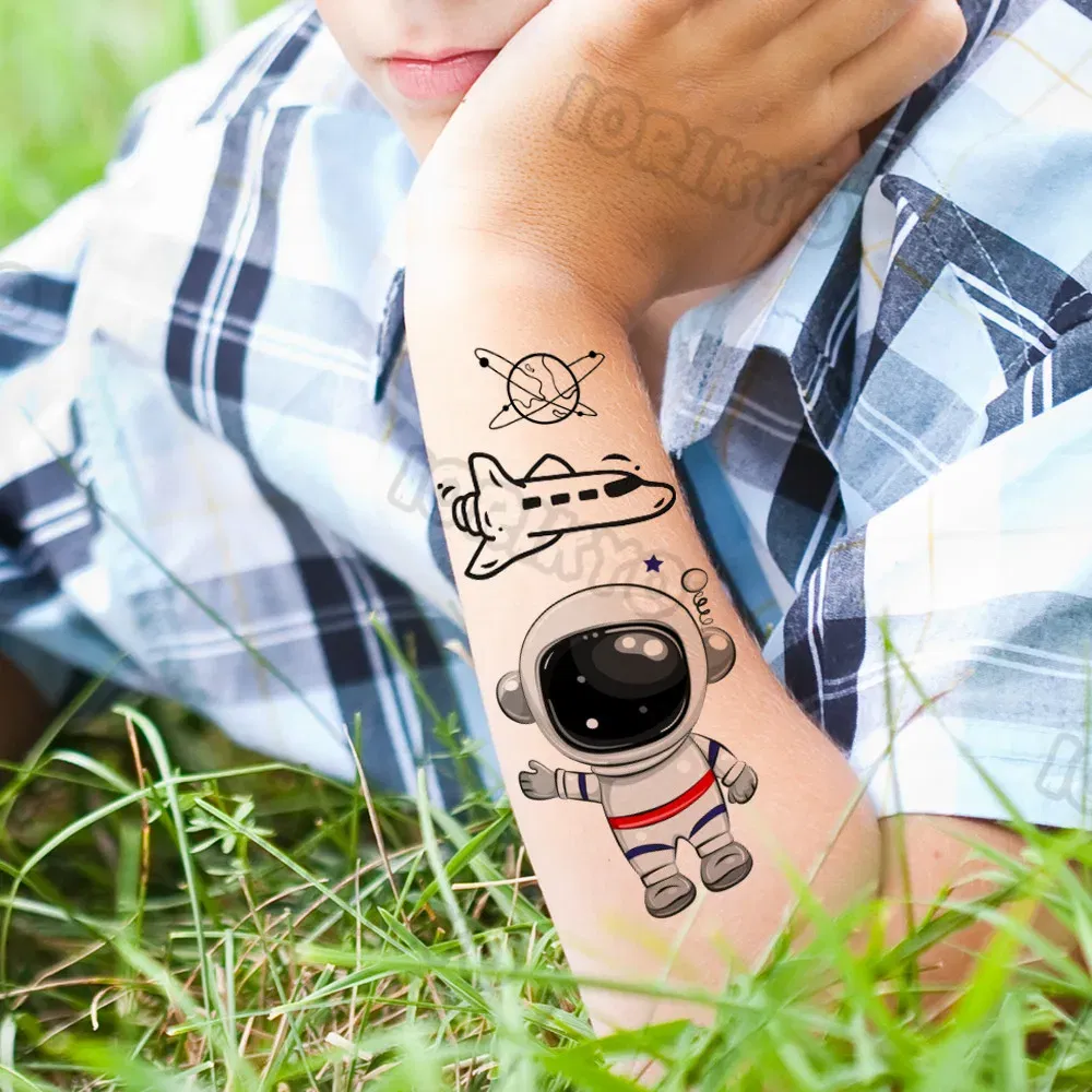 Color: WHITE - Airplane Spaceman Temporary Tattoos For Kids Face Neck Boy Girls Adult Fake Planets Astronaut Tattoo Sticker Black Cartoon Tatoo