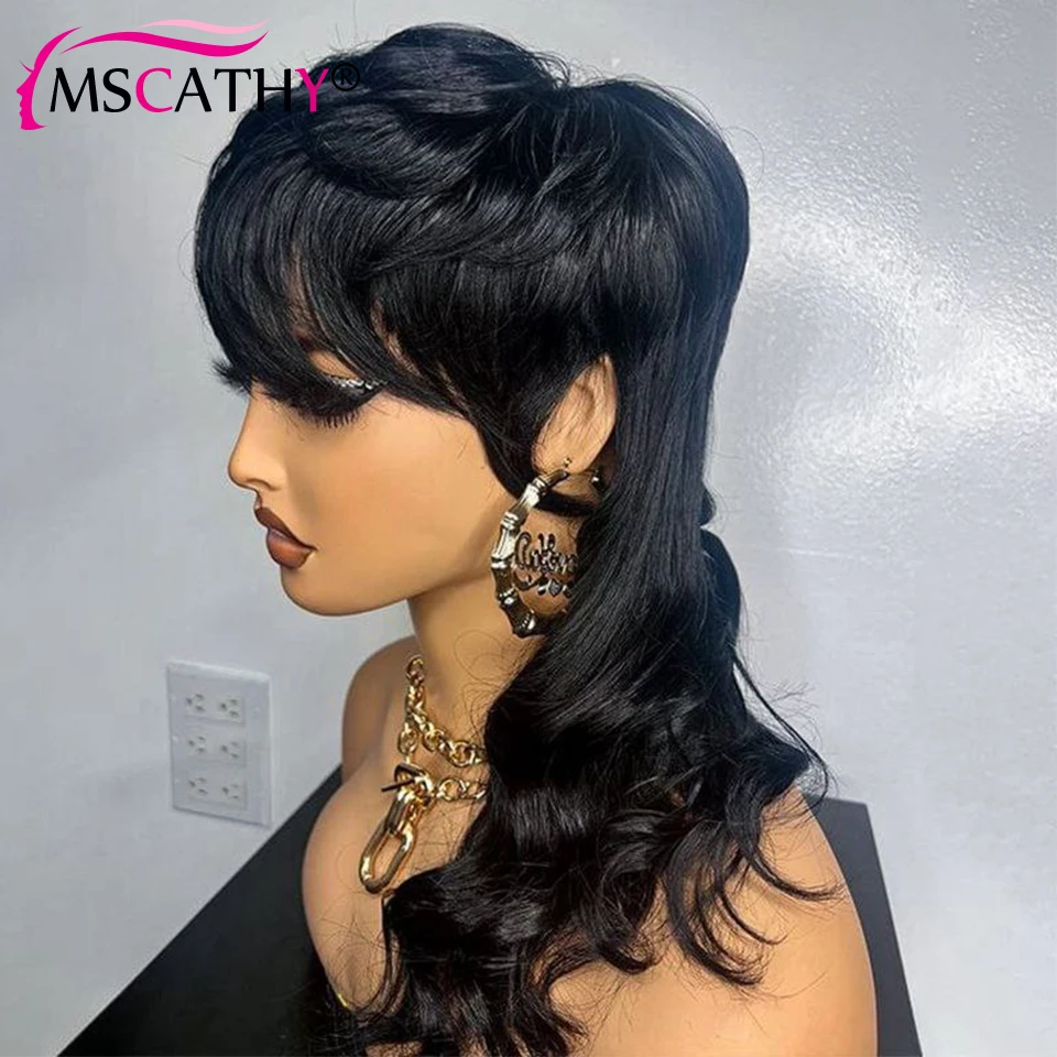 Hair Color: #D99J, Stretched Length: 6inches, Density: 150% - Full Machine Made Dovetail Human Hair Wigs Body Wave Short Pixie Cut Wig With Bangs Glueless Brazilian Remy Hair Wigs For Women