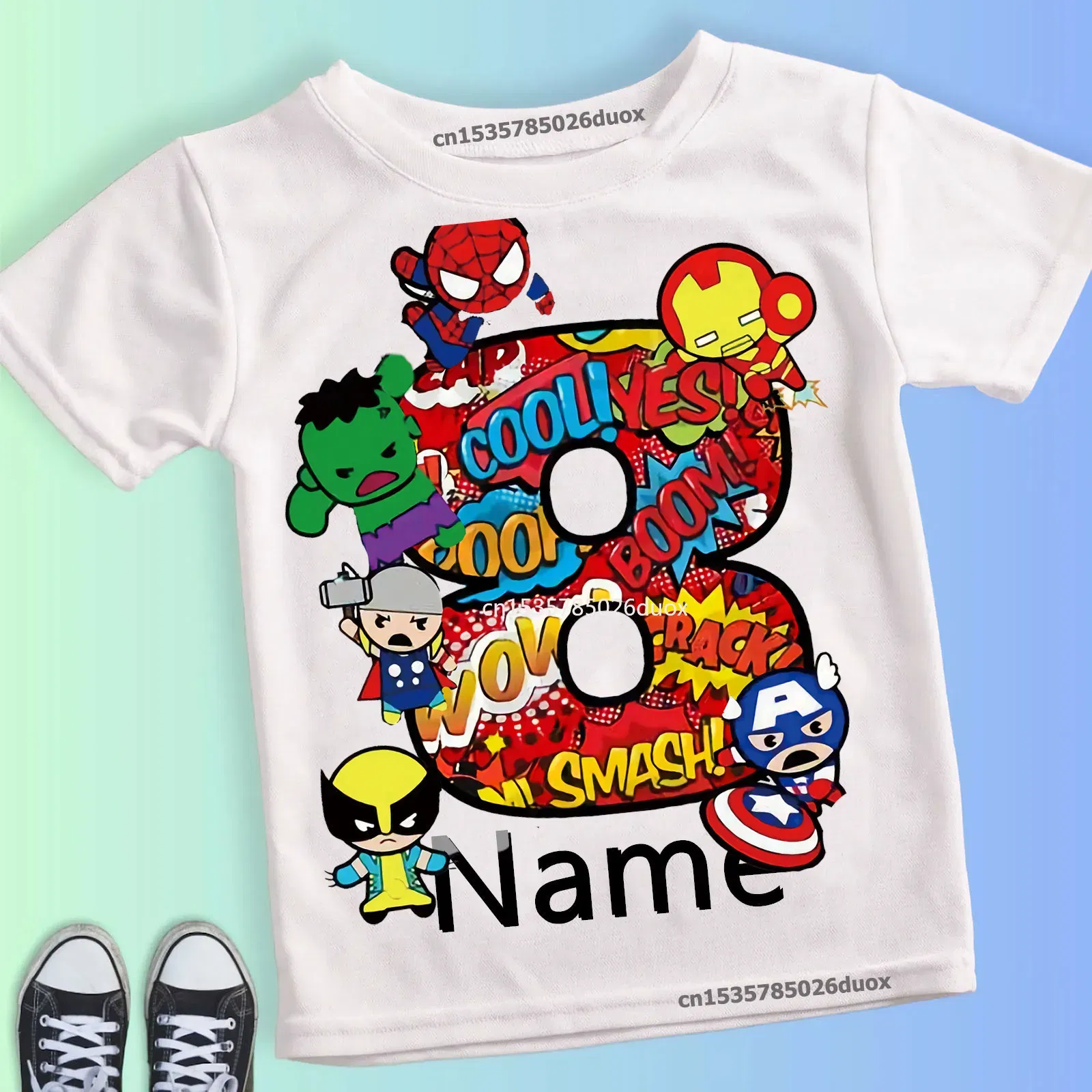 Color: Dark Grey, Kid Size: 4T - Summer 2024 3 4 5 6 7 8 9 Marvel SuperHero Birthday Girl Short Sleeved T-shirt The Avengers Personalize Name Birthday Boy Shirt