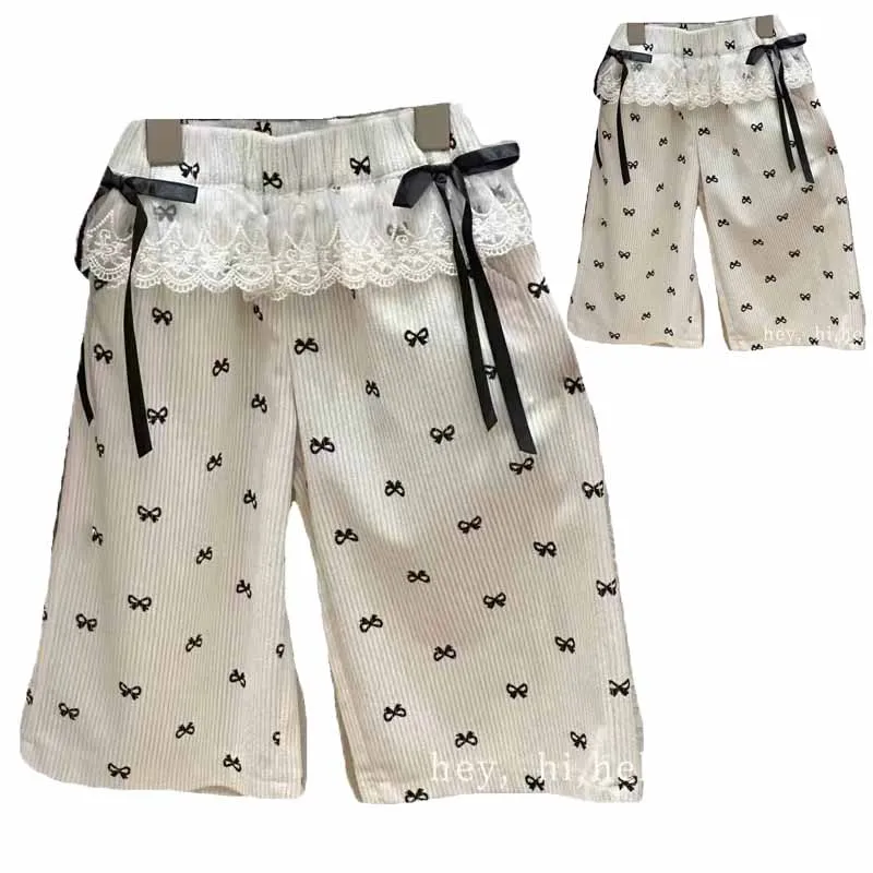 Color: Beige, Kid Size: 3T - New Girls Bow Print Pants Spring Kids Wide-leg Trousers Fashion Elastic Loose Pants Autumn Children Bowknot Trousers 2-8 Years
