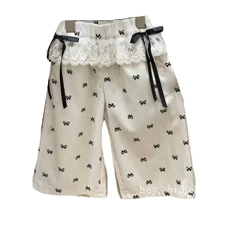 Color: Beige, Kid Size: 3T - New Girls Bow Print Pants Spring Kids Wide-leg Trousers Fashion Elastic Loose Pants Autumn Children Bowknot Trousers 2-8 Years