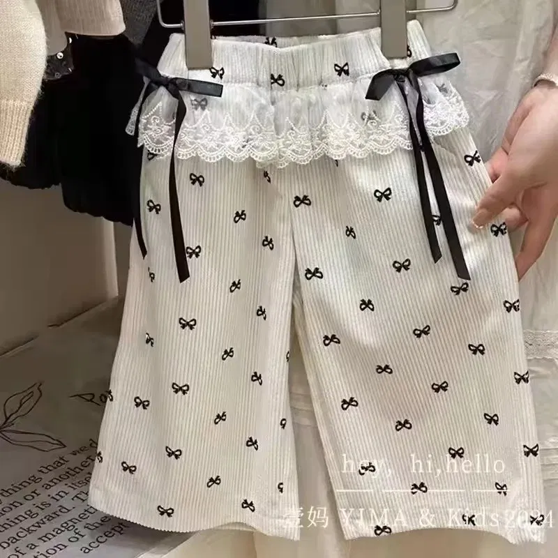 Color: Beige, Kid Size: 3T - New Girls Bow Print Pants Spring Kids Wide-leg Trousers Fashion Elastic Loose Pants Autumn Children Bowknot Trousers 2-8 Years
