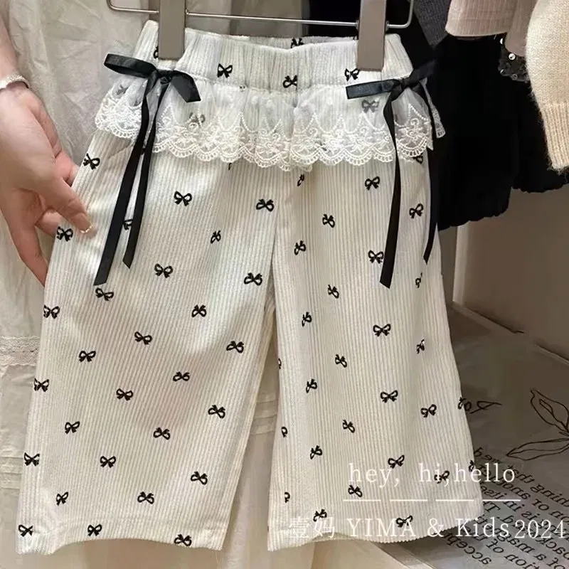 Color: Beige, Kid Size: 3T - New Girls Bow Print Pants Spring Kids Wide-leg Trousers Fashion Elastic Loose Pants Autumn Children Bowknot Trousers 2-8 Years