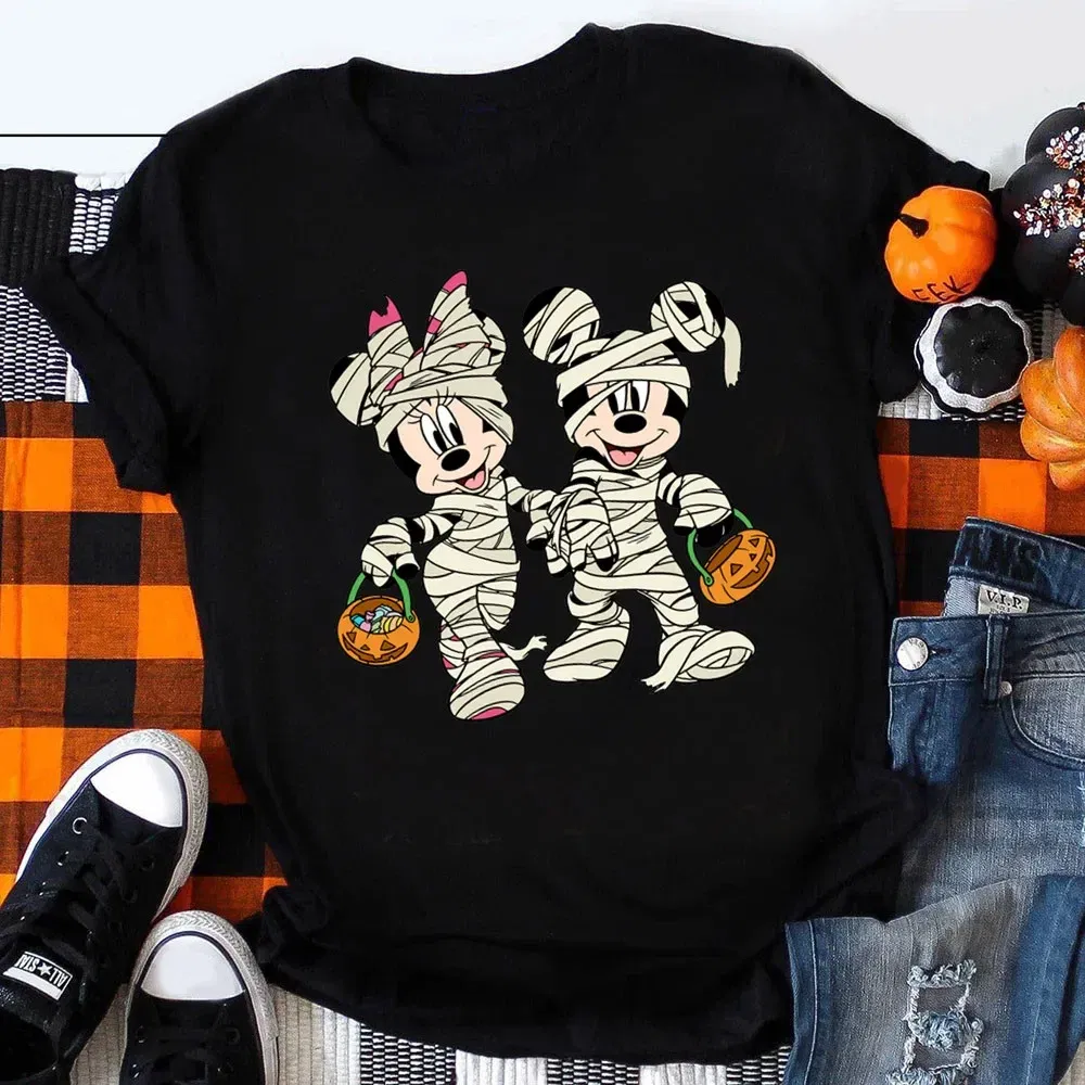 Color: Beige, Kid Size: 3T - Funny Mickey Minnie Mummy Print Disney Children Cotton T Shirts Trick Treat Fashion Halloween Cute Kid Clothes Girls Streetwear