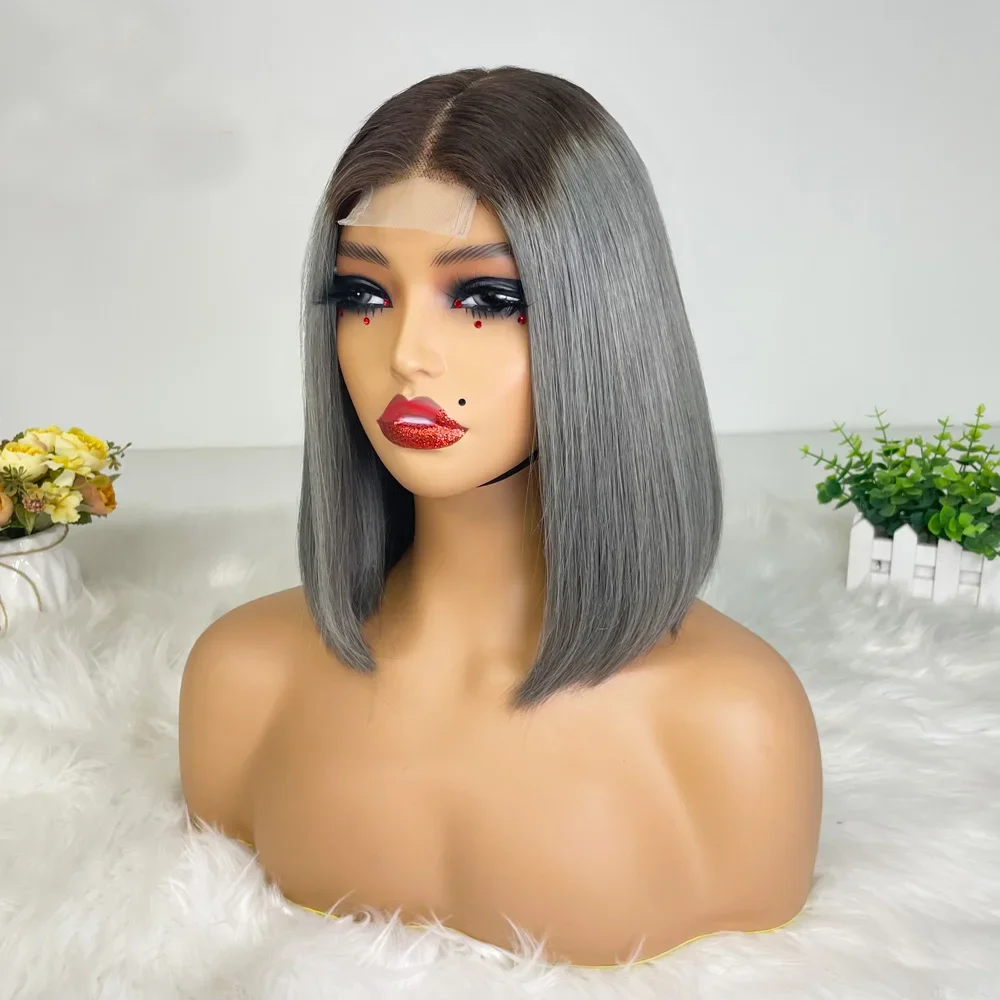 Hair Color: Silver, Stretched Length: 10inches, Density: 100% - Vietname Super Double Drawn Straight Short Bob Wigs 2x6 Lace Closure Wig for Women 100% Human Hair Orange Candy Lace Closure Wig