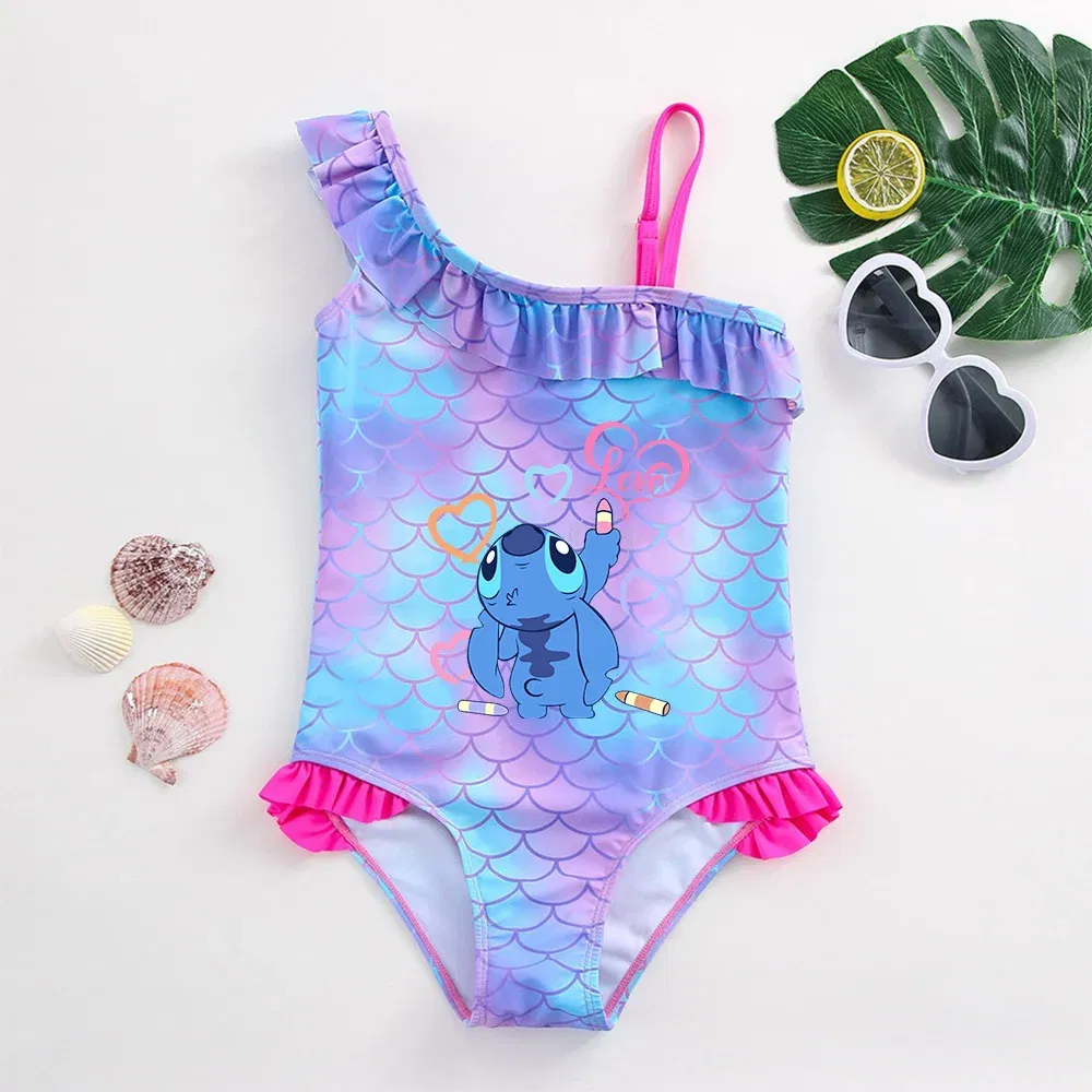 Color: Light Green, Size: XS - Stitch Girls Swimsuit Fashion Mermaid Fish Scale One-Piece Bathing Suits Children's Dresses Summer Swimwear Beach Suit Kids Wear