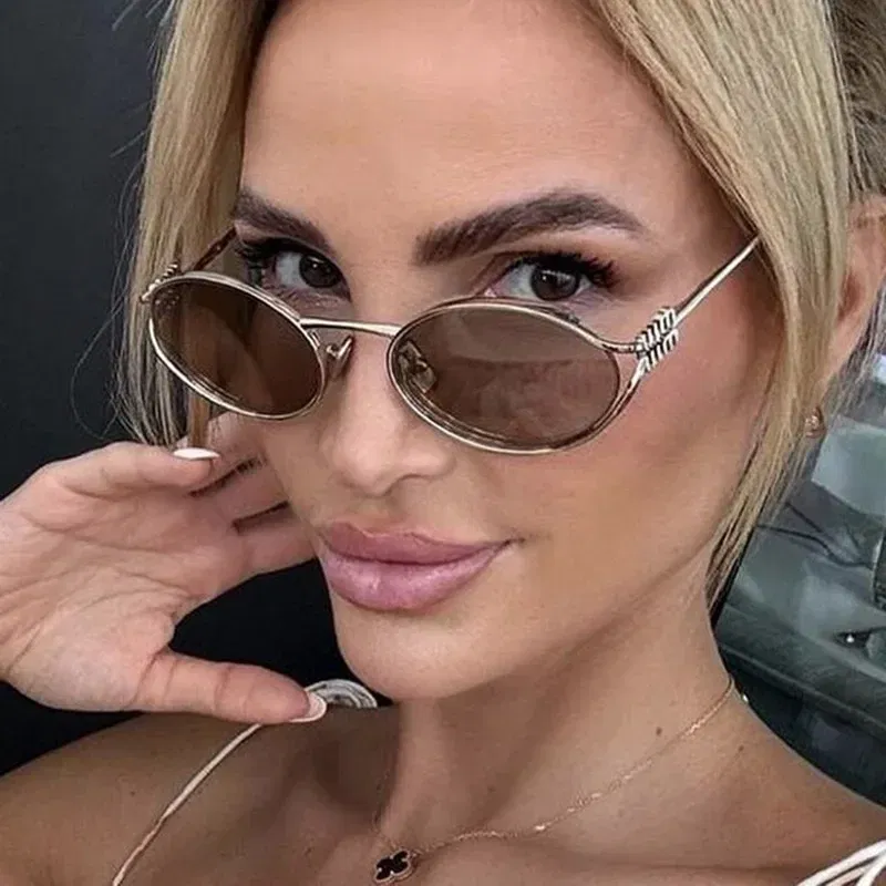 Lenses Color: Blue - Luxury Brand Designer Oval Sunglasses For Women Sexy Metal Frame Small Round Sun Glasses Ladies Stylish Eyewear Shades UV400