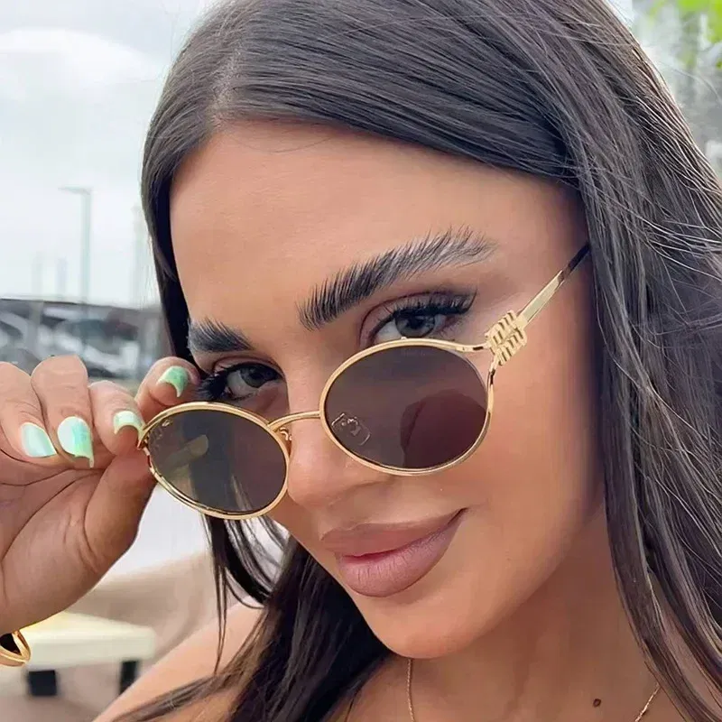 Lenses Color: Blue - Luxury Brand Designer Oval Sunglasses For Women Sexy Metal Frame Small Round Sun Glasses Ladies Stylish Eyewear Shades UV400