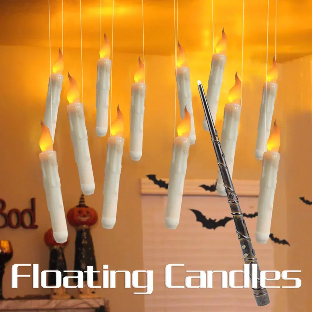 Emitting Color: changeable - Halloween LED Floating Candles Magic Wand Remote Hanging Operated Potter Harries Battery Floating Candles Warm Light Decoration