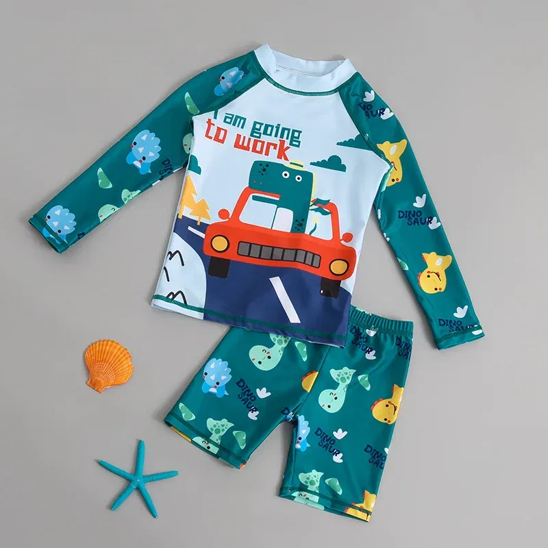 Color: GRAY, Kid Size: 6M - Children Swimsuit  Kids Boys Girls Swimwear  Children Surfing Wear  Sunscreen Quick Dry Swimwear Car Cartoon Swimsuit Beach Wear