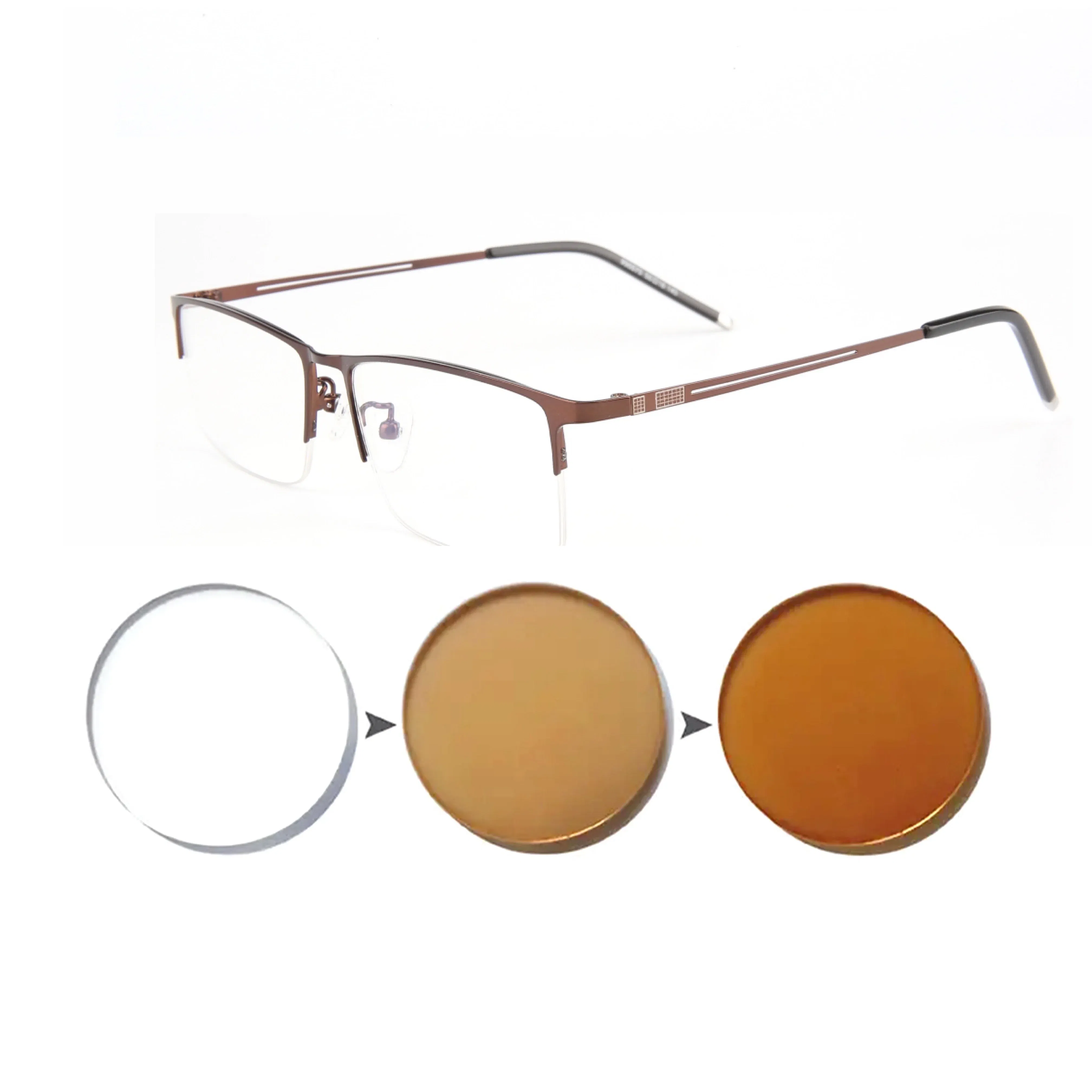 Frame Color: Yellow, Eye Prescription: +125 - Sun Photochromic Finished Myopia Glasses Women Men Metal Half Frame Chameleon Short-sight Eyewear0 -0.5 -0.75 -1.0  To -6.0