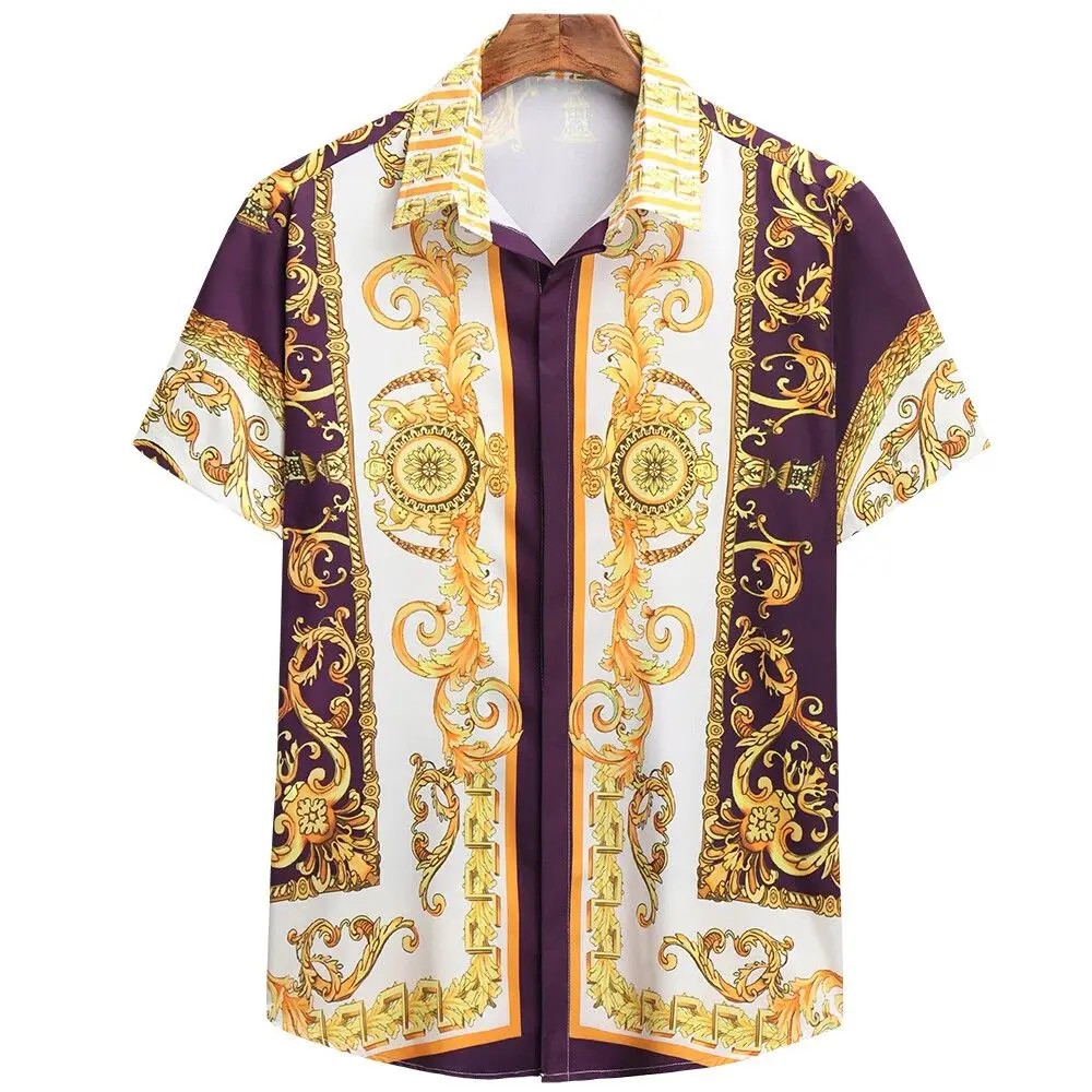 Color: Beige, Size: L - Summer Fashion Men's Short Sleeve Casual Shirts Luxury Style Gold Printed Tops Everyday Casual Wear Men's Shirts Oversized Tops
