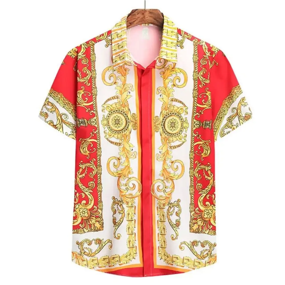 Color: Beige, Size: L - Summer Fashion Men's Short Sleeve Casual Shirts Luxury Style Gold Printed Tops Everyday Casual Wear Men's Shirts Oversized Tops