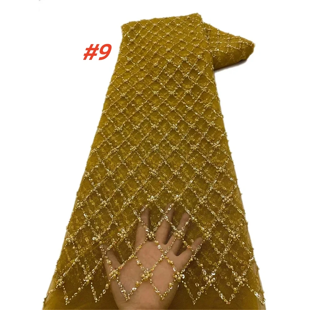 Color: Pink, Length: 5 yards, Width: 120cm - Gold African Sequins Lace Fabric 2025 High Quality French Nigerian Groom Lace Mesh Fabrics Beads For Sewing Dress Wedding Party