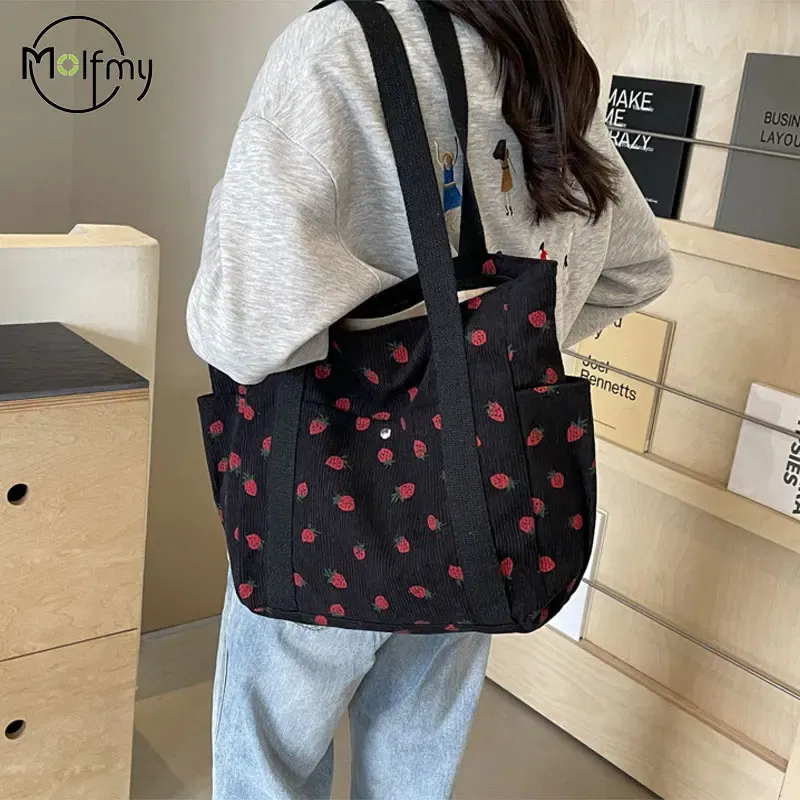 Color: Blue - Strawberries Corduroy Handbag Sweet Women's Bag Fashionable Versatile Shoulder Bag Beautiful Simple Commuter Women's Tote Bags