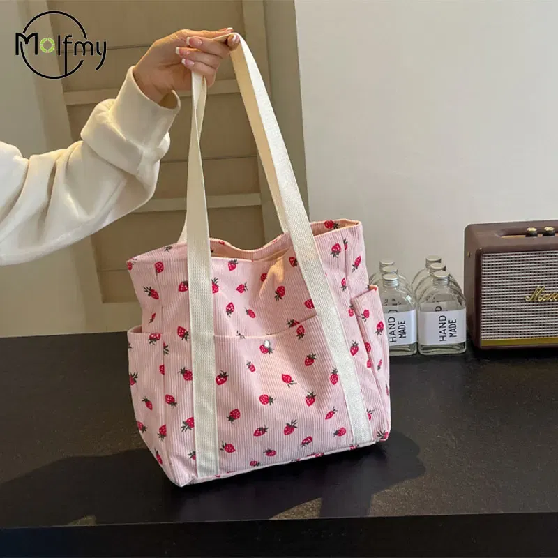 Color: Blue - Strawberries Corduroy Handbag Sweet Women's Bag Fashionable Versatile Shoulder Bag Beautiful Simple Commuter Women's Tote Bags