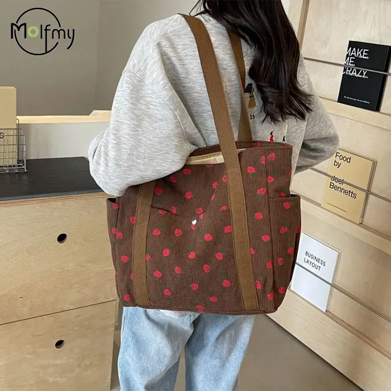 Color: Blue - Strawberries Corduroy Handbag Sweet Women's Bag Fashionable Versatile Shoulder Bag Beautiful Simple Commuter Women's Tote Bags
