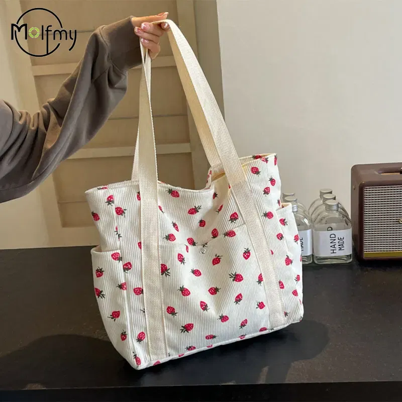 Color: Blue - Strawberries Corduroy Handbag Sweet Women's Bag Fashionable Versatile Shoulder Bag Beautiful Simple Commuter Women's Tote Bags