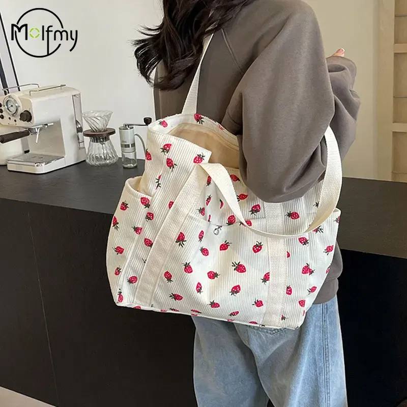 Color: Blue - Strawberries Corduroy Handbag Sweet Women's Bag Fashionable Versatile Shoulder Bag Beautiful Simple Commuter Women's Tote Bags