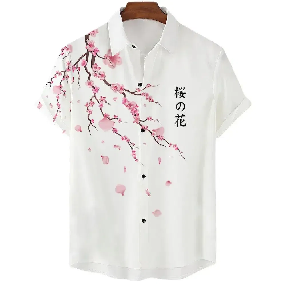 Color: WHITE, Size: S - Fashionable Luxury Social men's Shirt Lapel button-down Shirt Casual Japanese Aesthetic Cherry Blossom Print short-sleeved Tops