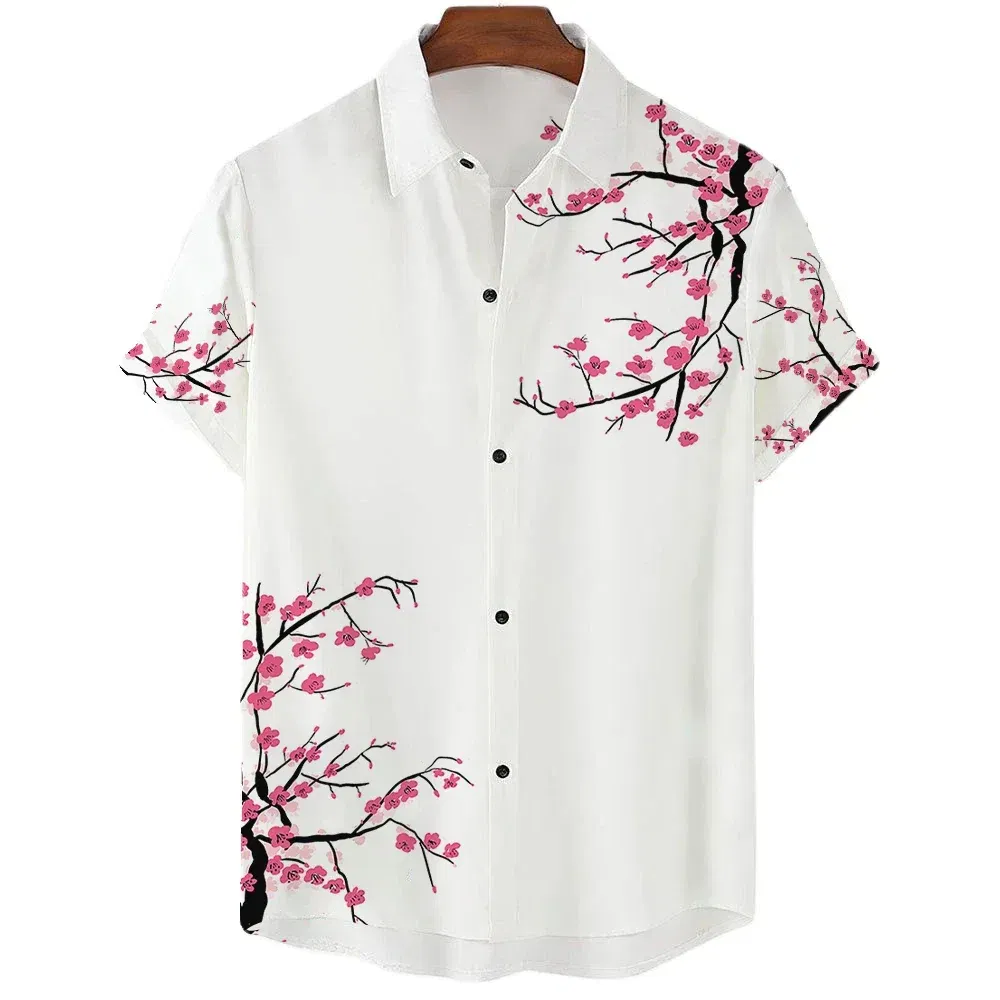 Color: WHITE, Size: S - Fashionable Luxury Social men's Shirt Lapel button-down Shirt Casual Japanese Aesthetic Cherry Blossom Print short-sleeved Tops