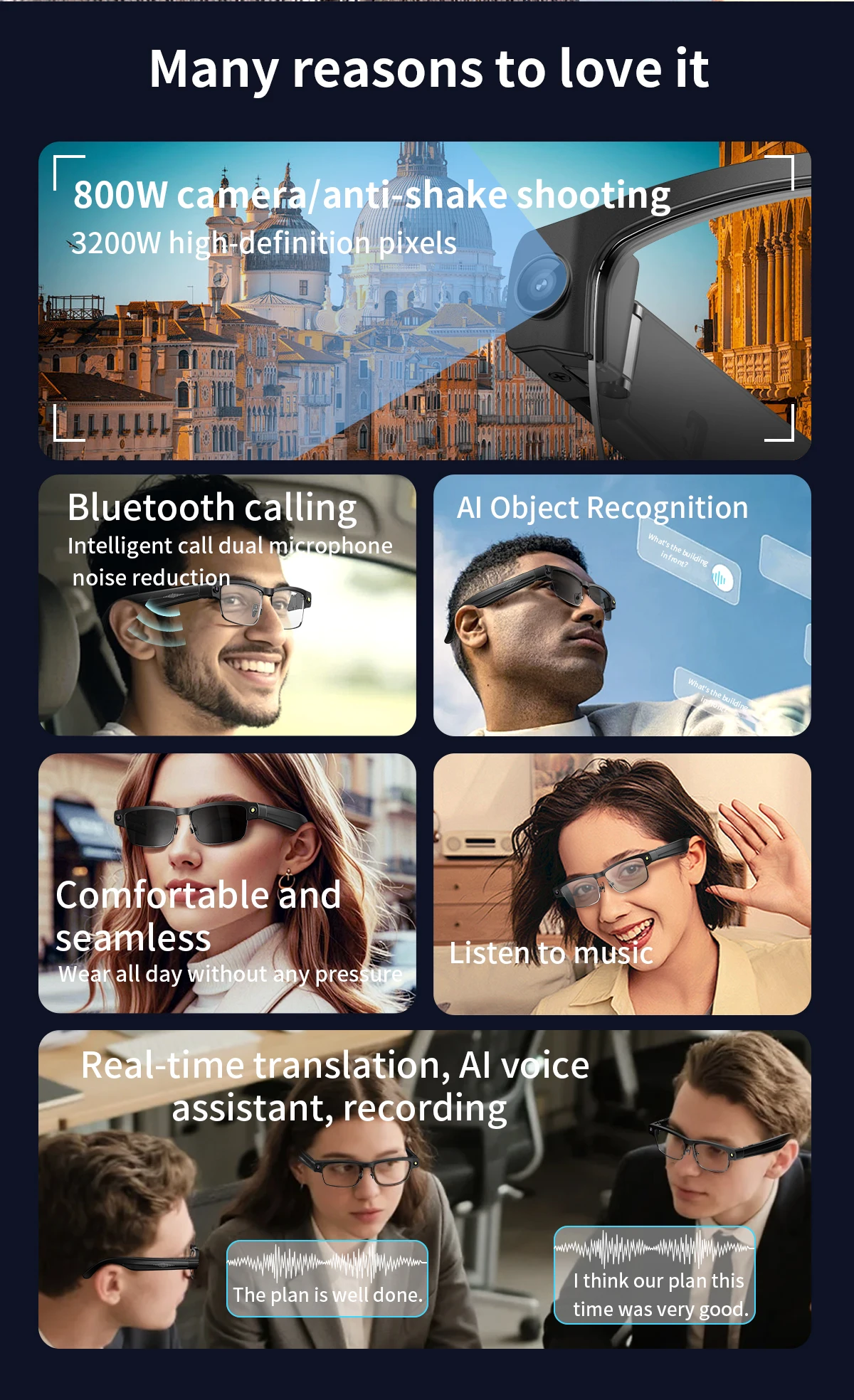 Color Name: WHITE - Smart AI Glasses With 8MP HD Camera Chat GPT Touch Sport Sunglasses Bluetooth Call Video Music Player Object Recognition