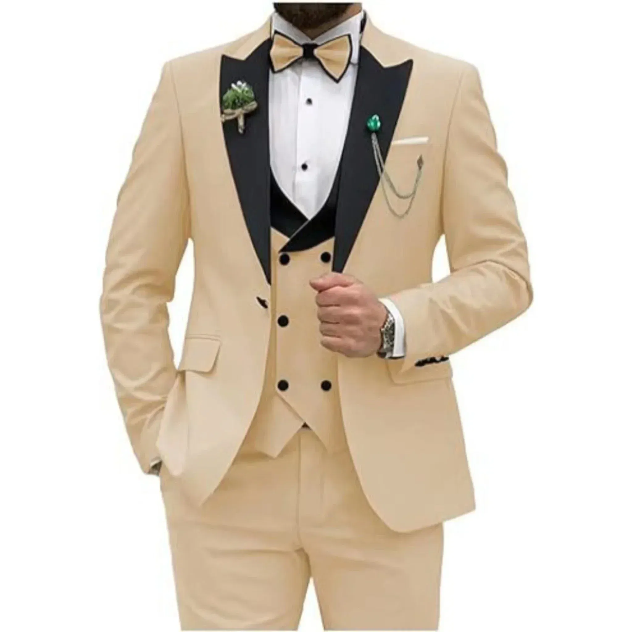 Color: Champagne, Size: 4XL - Men Suit Colorful Luxury Blazer Vest And Pant Sets 3 Piece Birthday Dress Business  Prom Evening Party Costumes High Quality