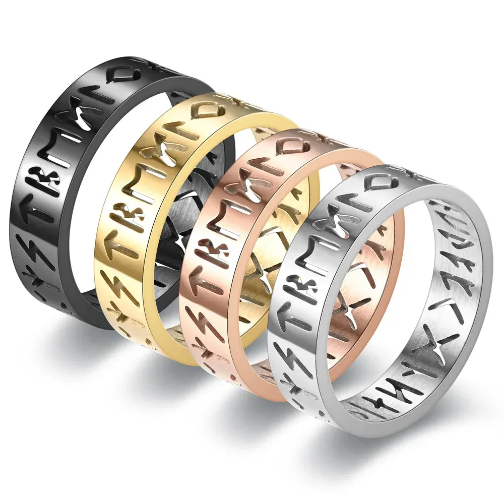 Main Stone Color: Black, Ring Size: 4.5 - 2023 New Stainless Steel Hollow Out Ring for Men Women Fashion Hollow Rune Design Finger Anillo Antiestres Anxiety Rings