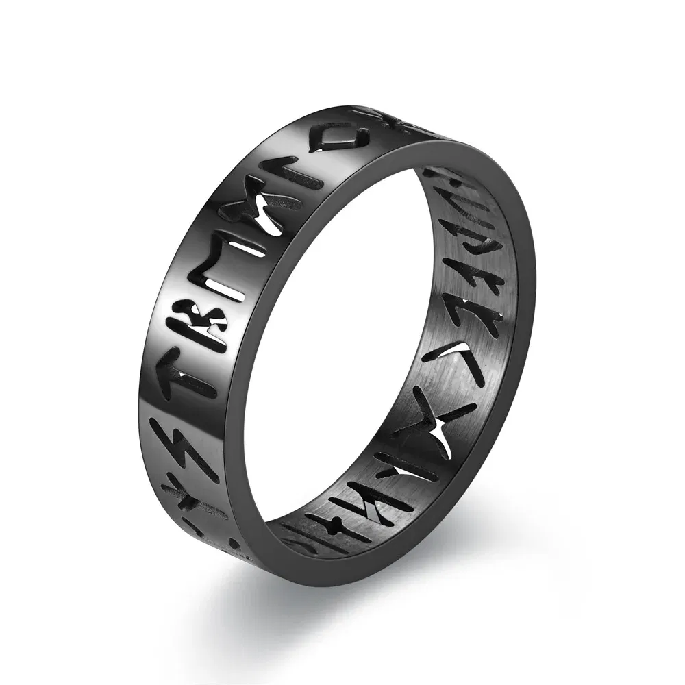 Main Stone Color: Black, Ring Size: 4.5 - 2023 New Stainless Steel Hollow Out Ring for Men Women Fashion Hollow Rune Design Finger Anillo Antiestres Anxiety Rings