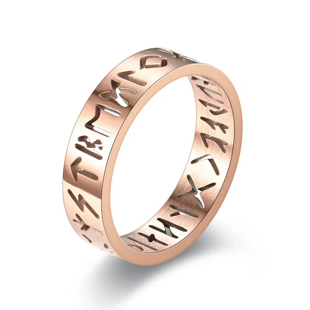 Main Stone Color: Black, Ring Size: 4.5 - 2023 New Stainless Steel Hollow Out Ring for Men Women Fashion Hollow Rune Design Finger Anillo Antiestres Anxiety Rings