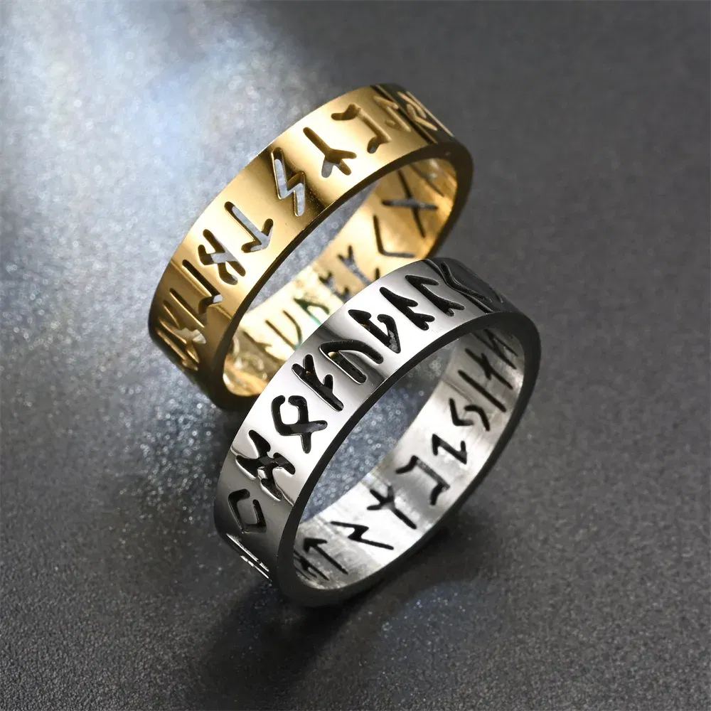 Main Stone Color: Black, Ring Size: 4.5 - 2023 New Stainless Steel Hollow Out Ring for Men Women Fashion Hollow Rune Design Finger Anillo Antiestres Anxiety Rings