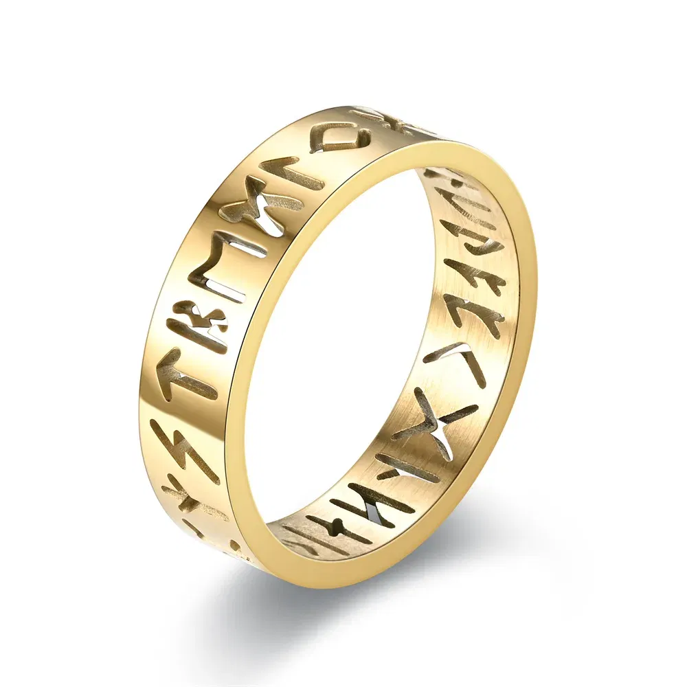 Main Stone Color: Black, Ring Size: 4.5 - 2023 New Stainless Steel Hollow Out Ring for Men Women Fashion Hollow Rune Design Finger Anillo Antiestres Anxiety Rings