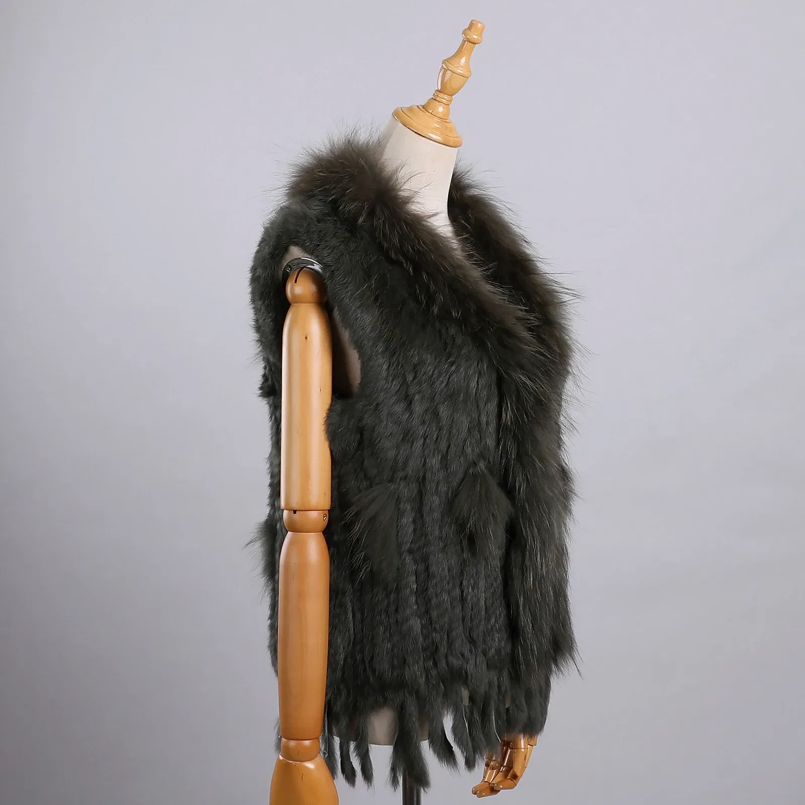 Color: army green, Size: M - Luxury Women's Genuine Premium Long Hair Rabbit Fur Knit Vest Raccoon Fur Trim Gilet Lady Sleeveless Waistcoat Real Fur Jacket