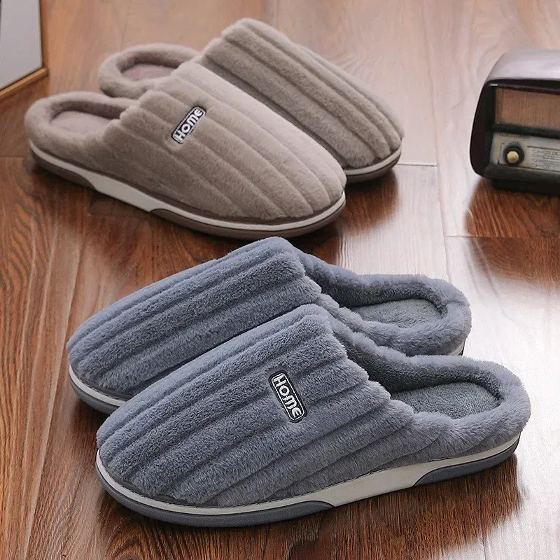 Color: PURPLE, Shoe Size: 40-41 - New Men Big Size 48 49 Winter Warm Slippers Women Soft Plush Furry Shoes Casual Flats Home Couples Bedroom Anti-Slip Slides