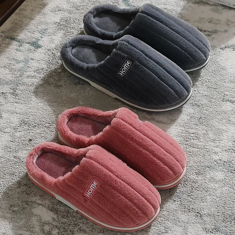 Color: PURPLE, Shoe Size: 40-41 - New Men Big Size 48 49 Winter Warm Slippers Women Soft Plush Furry Shoes Casual Flats Home Couples Bedroom Anti-Slip Slides