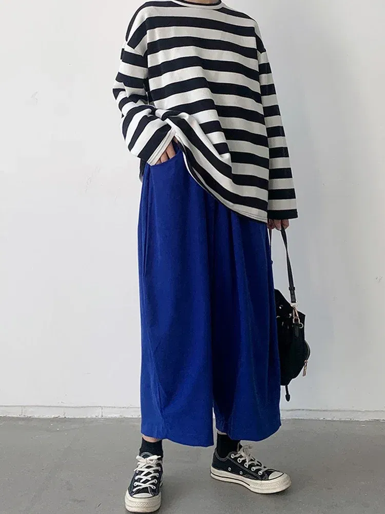 Color: Blue, Size: XXXL - 2023 Autumn Casual Harem Pants Women Cotton High Waisted Trousers Retro Loose Bloomers Women's Oversize Pants Baggy Sweatpants