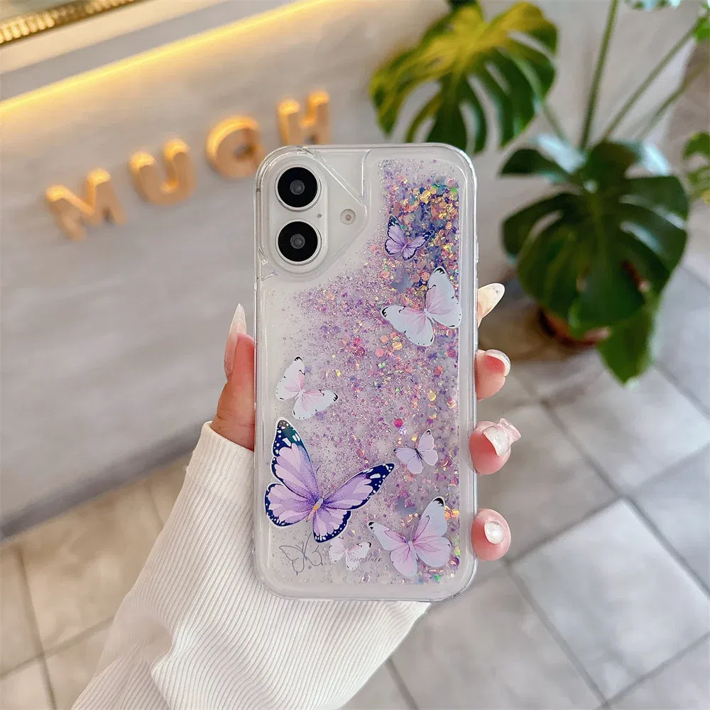 Color: PURPLE, Material: Artificial Leather - Luminous Quicksand Glitter Butterfly Case for iPhone 16 15 14 Pro Max Plus 13 12 Mini 11 X Xs XR Soft Silicone Bling Shiny Cover