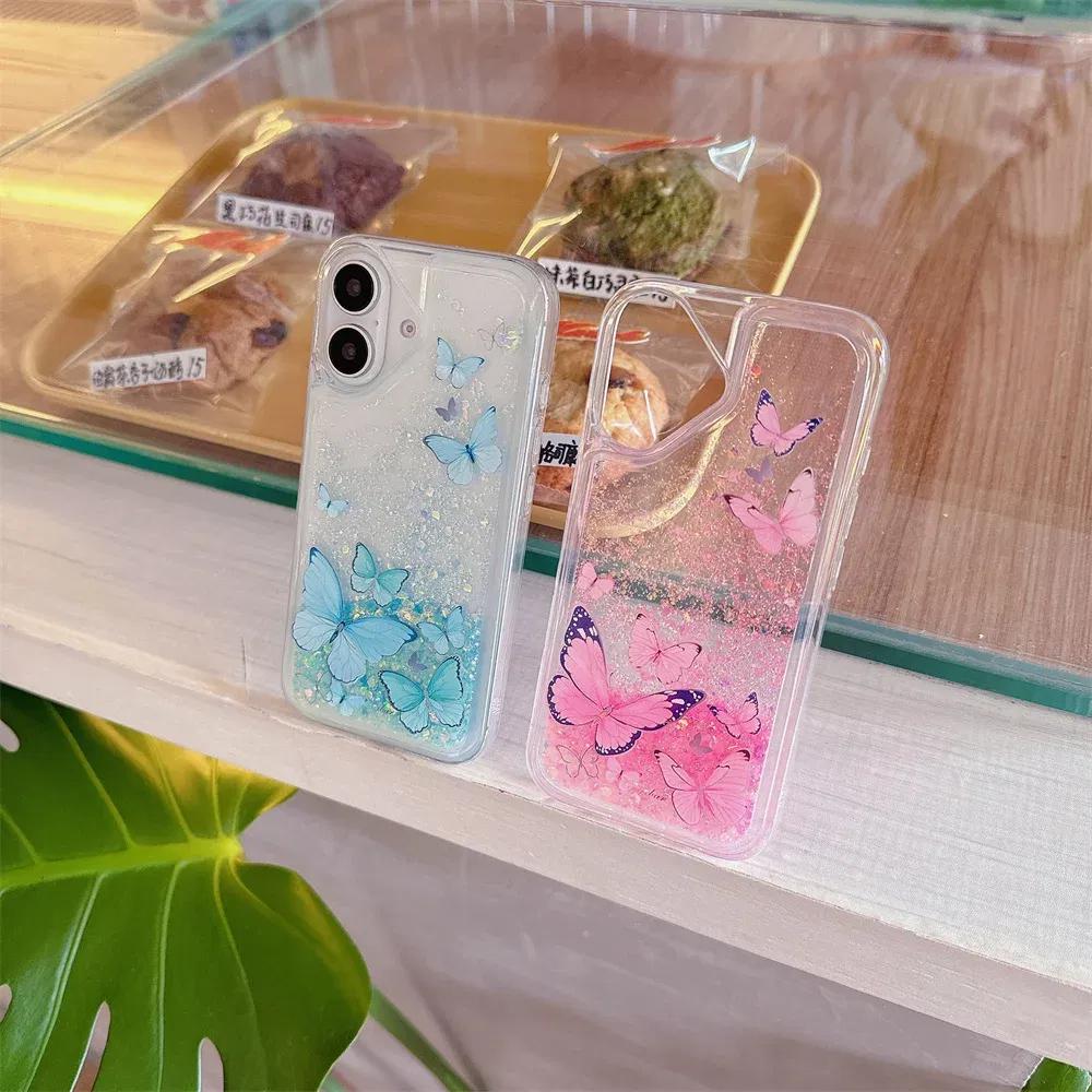 Color: PURPLE, Material: Artificial Leather - Luminous Quicksand Glitter Butterfly Case for iPhone 16 15 14 Pro Max Plus 13 12 Mini 11 X Xs XR Soft Silicone Bling Shiny Cover