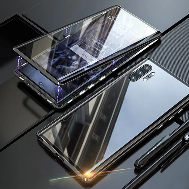 Color: black, Material: PP - Full Wrap Metal Bezel Case For Samsung Galaxy S23 S22 Ultra S21 S20 FE S24 Note 10 20 Lite Plus Double-Sided Glass Back Cover