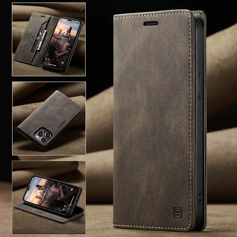 Color: Coffee, Material: Silicon - Leather Cases for IPhone 16 15 14 13 12 11 Pro Max XR XS Max 8 7 6s Plus SE 2022 2020 Wallet Folio Flip Cover Rfid Blocking