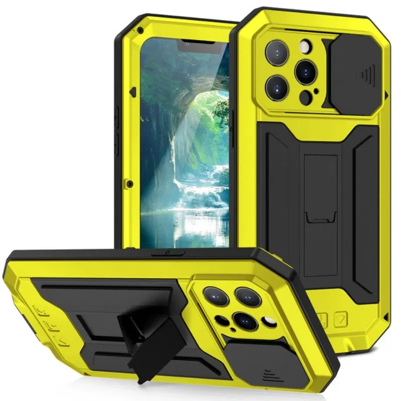Color: Black, Material: Polyester - Heavy Duty Metal Aluminum Case For iPhone 14 13 15 Pro Max Military Grade Shockproof Bumpers Armor Kickstand Camera Slider Cases