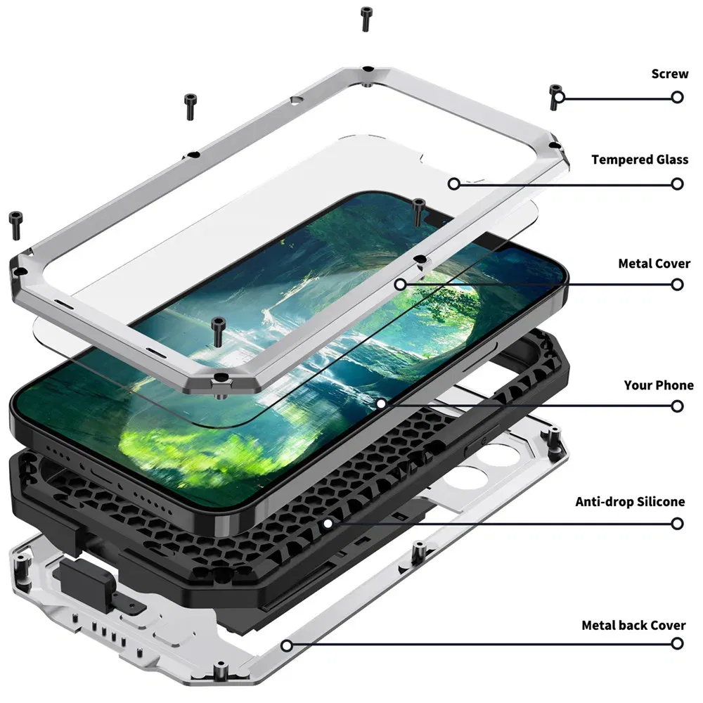 Color: Black, Material: Polyester - Heavy Duty Metal Aluminum Case For iPhone 14 13 15 Pro Max Military Grade Shockproof Bumpers Armor Kickstand Camera Slider Cases