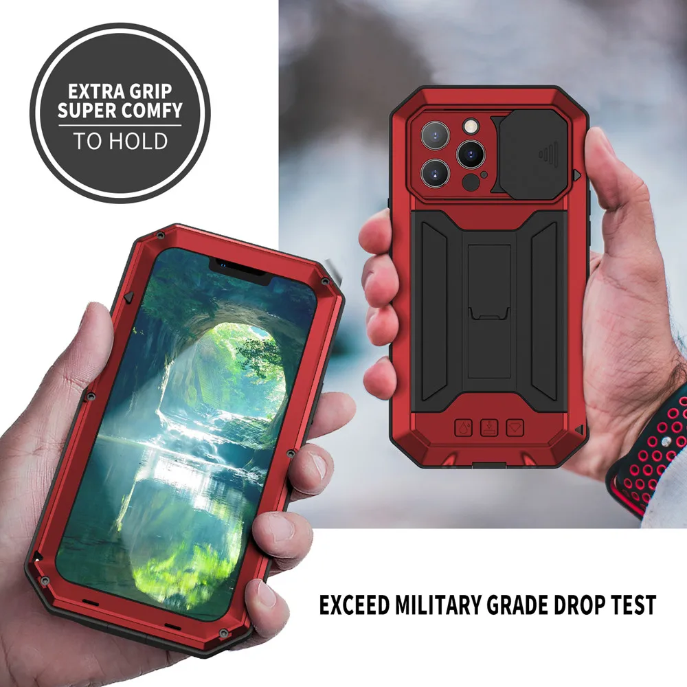 Color: Black, Material: Polyester - Heavy Duty Metal Aluminum Case For iPhone 14 13 15 Pro Max Military Grade Shockproof Bumpers Armor Kickstand Camera Slider Cases