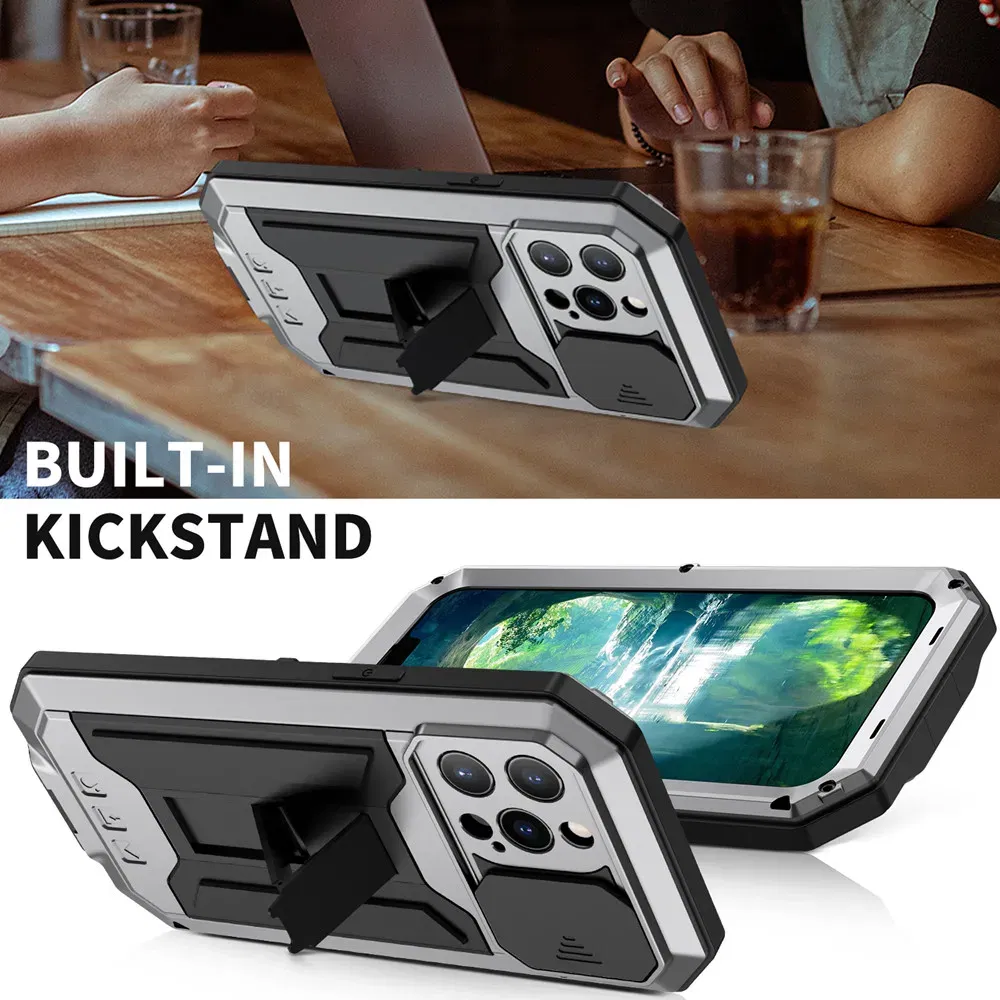 Color: Black, Material: Polyester - Heavy Duty Metal Aluminum Case For iPhone 14 13 15 Pro Max Military Grade Shockproof Bumpers Armor Kickstand Camera Slider Cases