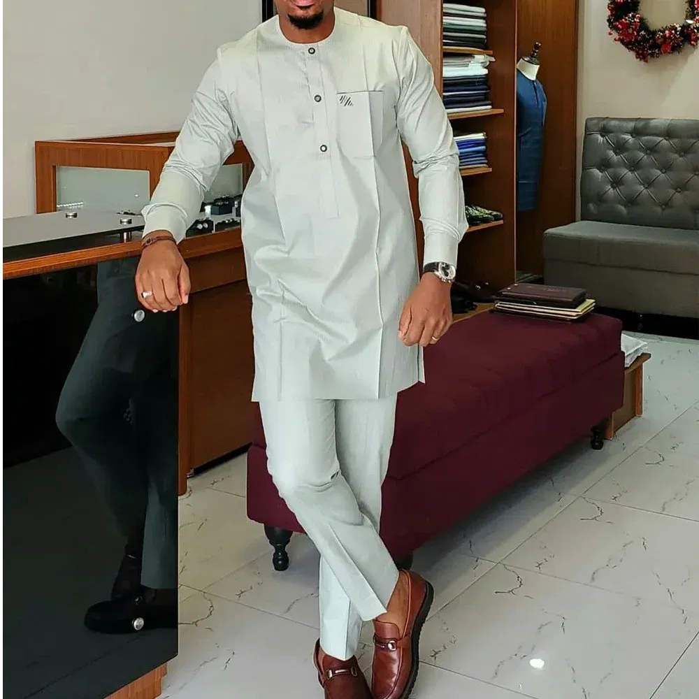 Color: Navy Blue, Size: XXXL - 2024 New African Traditional Men's Set Elegant and Fashionable Men's Suit Casual Embroidery Two Piece Set Men's Suit Kaftan