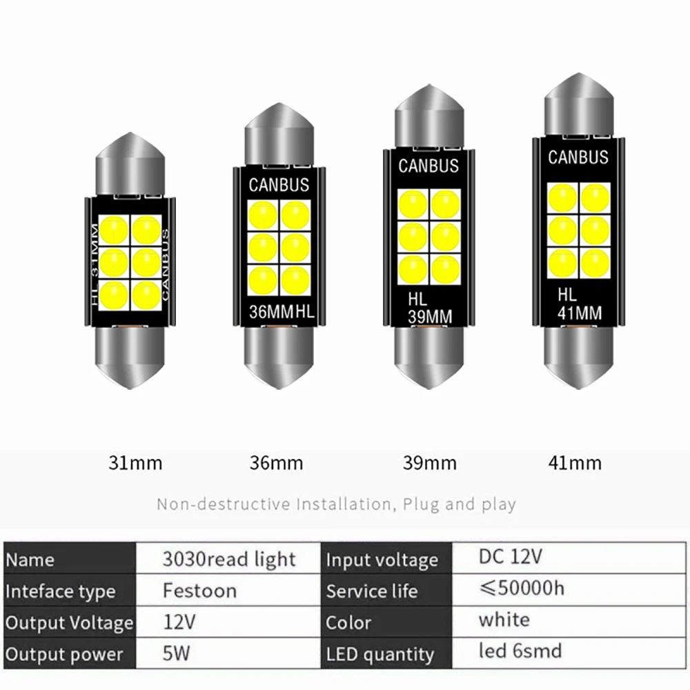 Car LED Light Festoon 31mm 36mm 39mm 41mm CANBUS no error 3030 6SMD 8